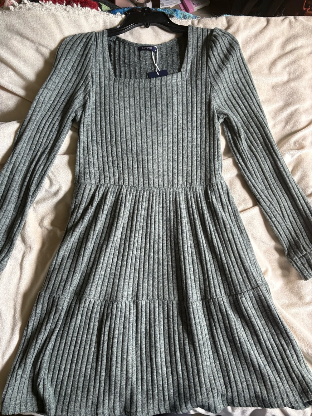 Ribbed Long-Sleeve Mini Dress in Gray